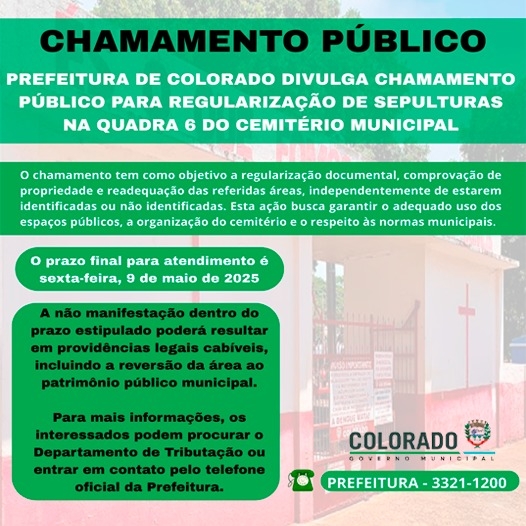 Chamamento Público para Regularização de Sepulturas na Quadra 6 do Cemitério Municipal